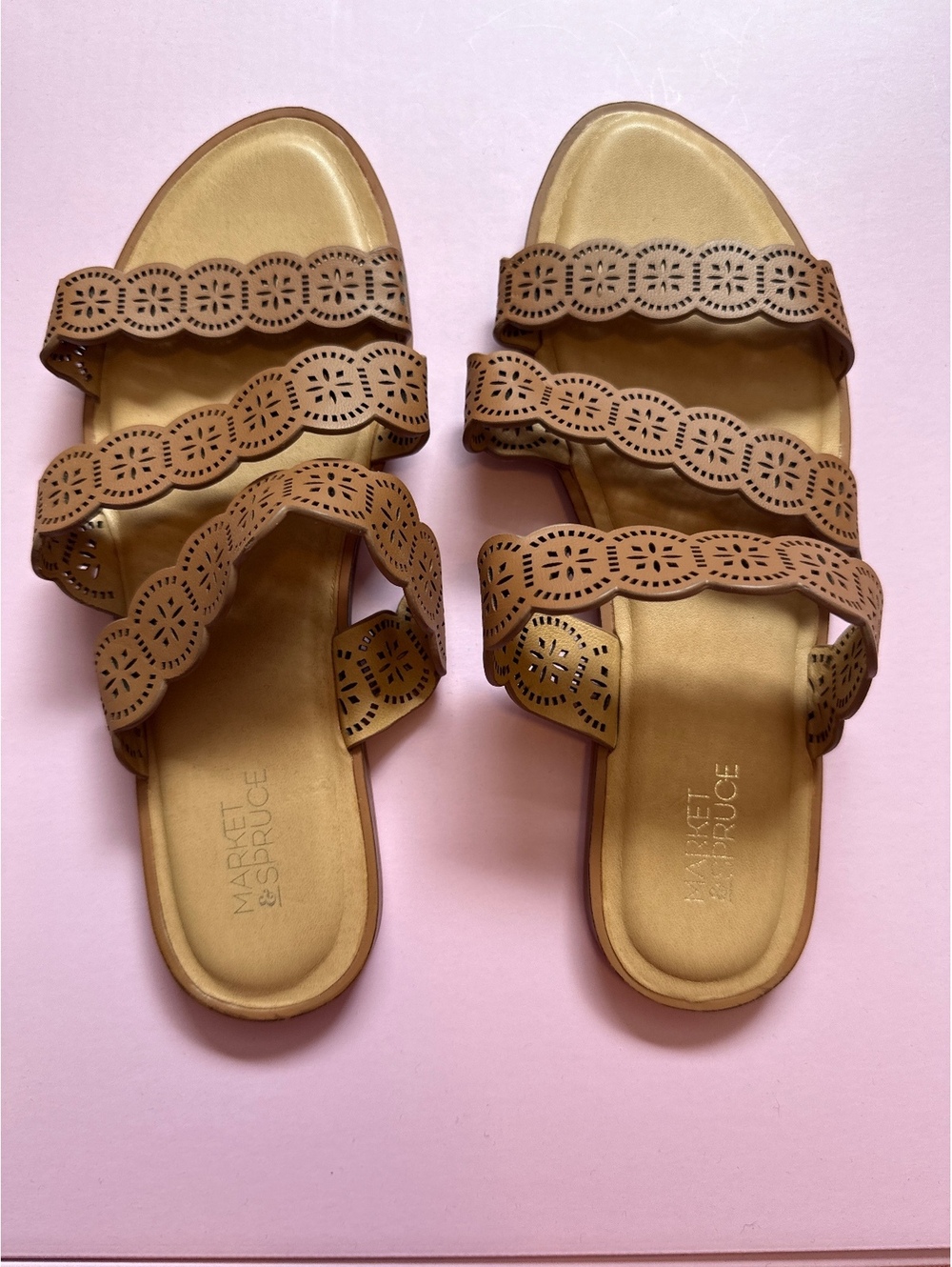 Market & Spruce Brown Leather Slide Sandals with Laser Cut Design